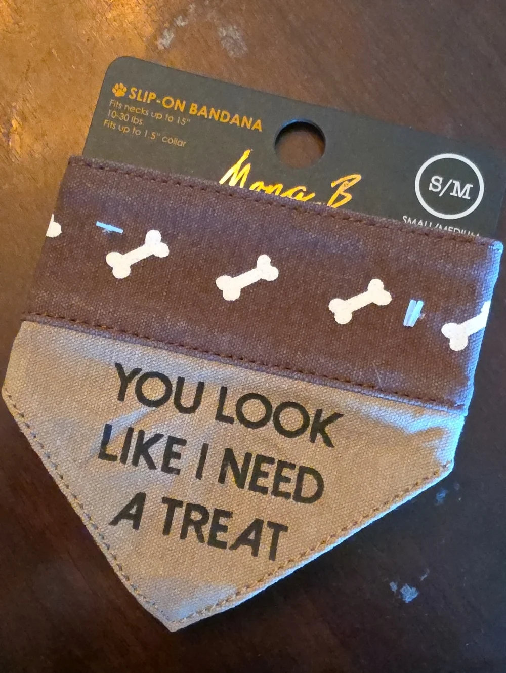 Mona B Slip-On Dog Bandana in Brown and Tan with Bone Print Treat